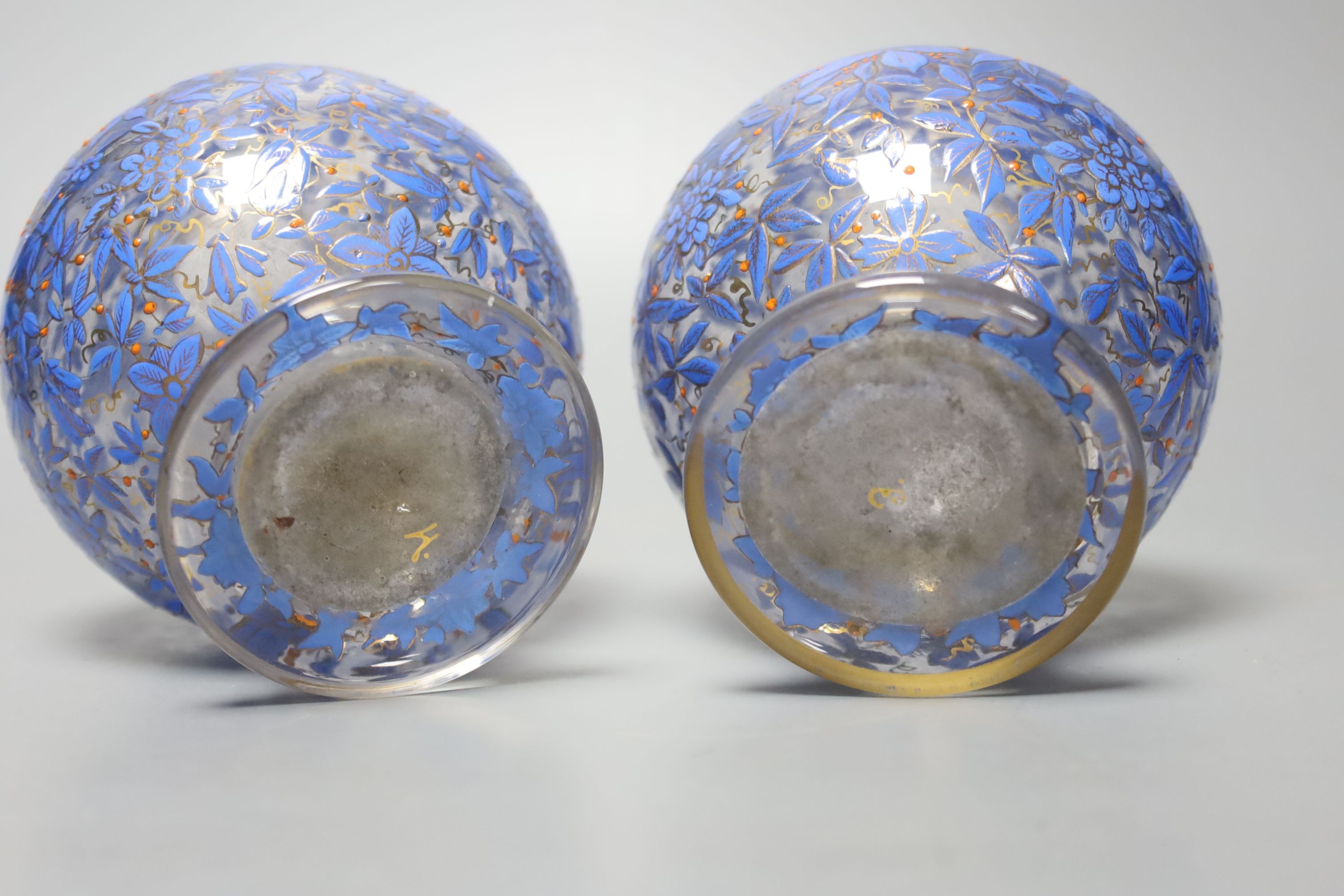 A pair of Bohemian Persian style enamelled glass vases, possibly Moser, 15cm